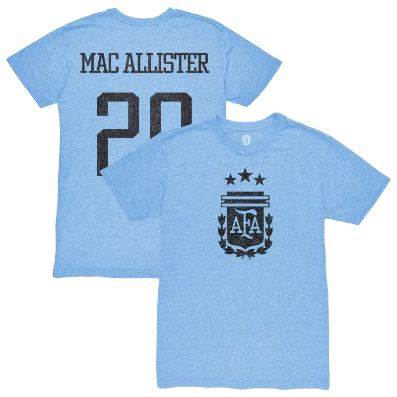England Footbalkits Alexis Mac Allister Argentina National Team 1863FC Player Retro Tri-Blend T-Shirt – Light Blue – Official World Cup Football Kits