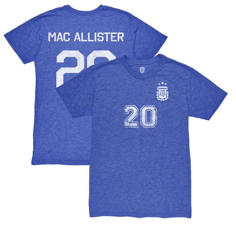 England Footbalkits Alexis Mac Allister Argentina National Team 1863FC Retro Name & Number Tri-Blend T-Shirt – Blue – Official World Cup Football Kits