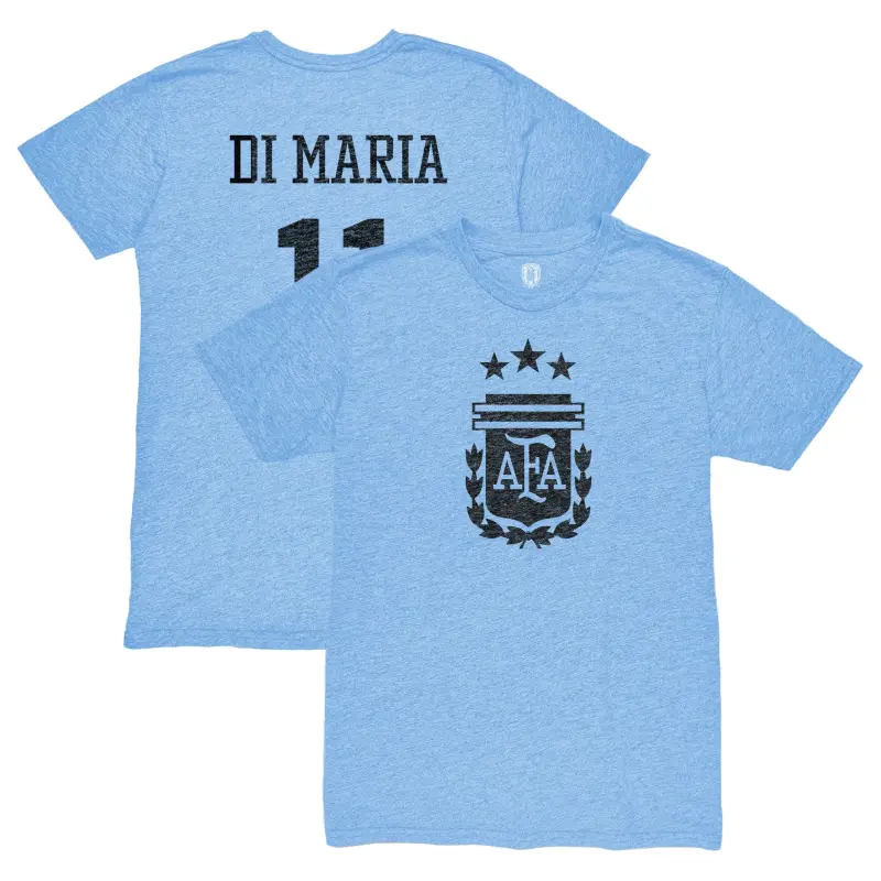 England Footbalkits Angel Di Maria Argentina National Team 1863FC Retro Player Tri-Blend T-Shirt – Light Blue – Official World Cup Football Kits