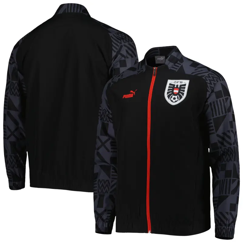 England Footbalkits Austria National Team Puma Pre-Match Raglan Full-Zip Training Jacket – Black – Official World Cup Football Kits