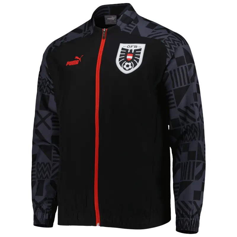 England Footbalkits Austria National Team Puma Pre-Match Raglan Full-Zip Training Jacket – Black – Official World Cup Football Kits