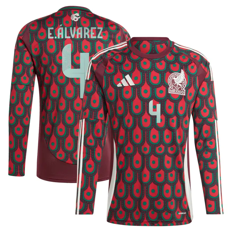 England Footbalkits Edson Alvarez Mexico National Team adidas 2024 Home Replica Player Long Sleeve Jersey – Burgundy – Official World Cup Football Kits