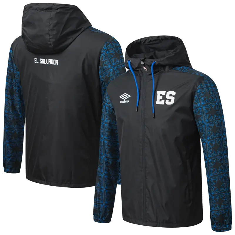 England Footbalkits El Salvador National Team Umbro Full-Zip Hooded Rain Jacket – Black – Official World Cup Football Kits