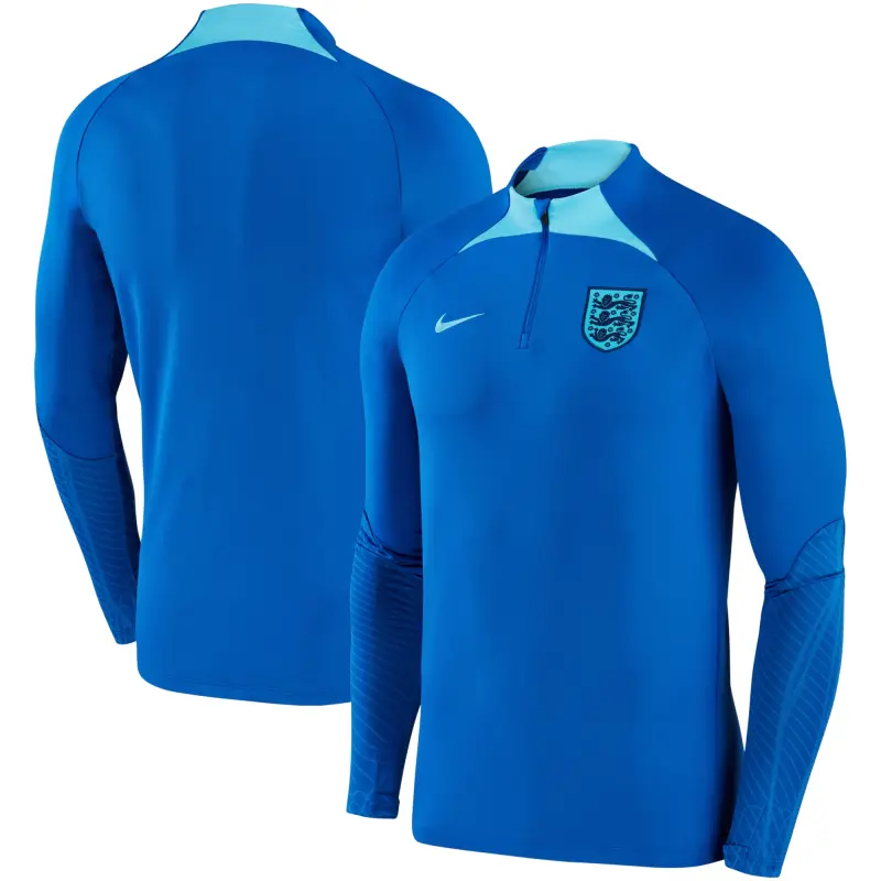 England Footbalkits England National Team Nike 2022 Strike Drill Performance Raglan Quarter-Zip Long Sleeve Top – Blue – Official World Cup Football Kits