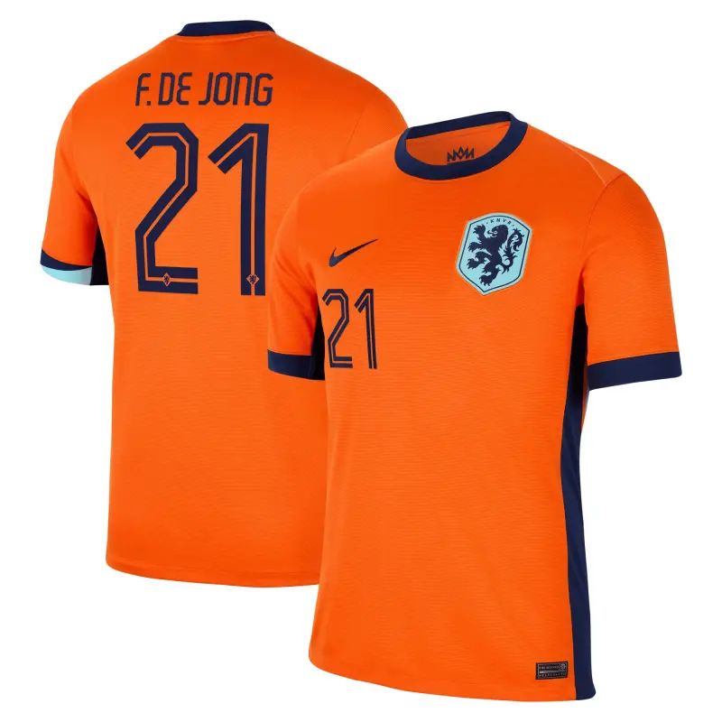 England Footbalkits Frenkie de Jong Netherlands National Team Nike 2024 Home Replica Jersey – Orange – Official World Cup Football Kits