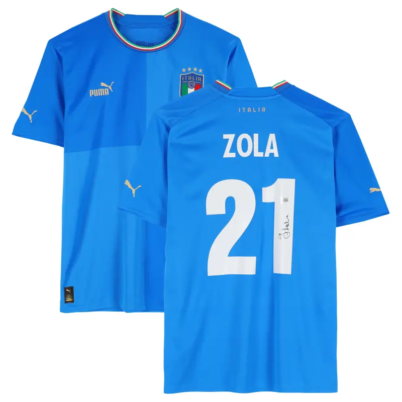 England Footbalkits Gianfranco Zola Italy National Team Autographed Fanatics Authentic 2022-23 Blue Home Puma Jersey – BAS – Official World Cup Football Kits