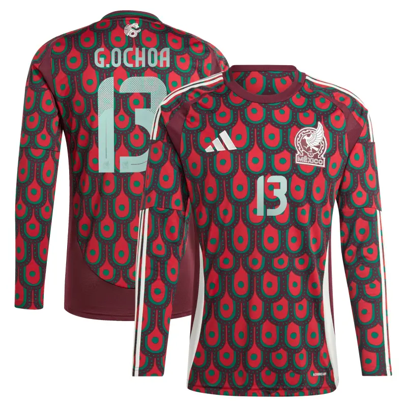 England Footbalkits Guillermo Ochoa Mexico National Team adidas 2024 Home Replica Player Long Sleeve Jersey – Burgundy – Official World Cup Football Kits