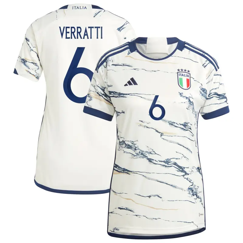 England Footbalkits Marco Verratti Italy National Team adidas Women’s 2023 Away Replica Jersey – White – Official World Cup Football Kits